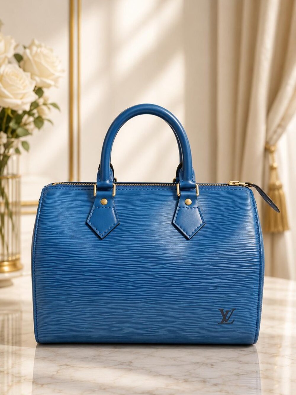 Authentic Louis Vuitton Speedy 25 Blue Epi Leather Handbag Satchel Bag